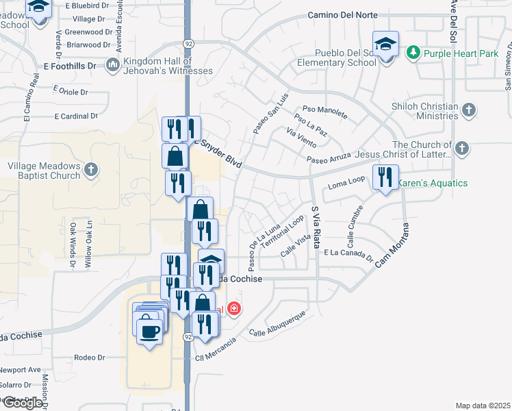 map of restaurants, bars, coffee shops, grocery stores, and more near 4403 Corte Brumoso in Sierra Vista