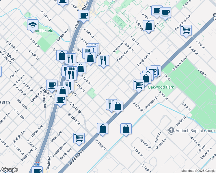 map of restaurants, bars, coffee shops, grocery stores, and more near 1221 Daughtrey Avenue in Waco