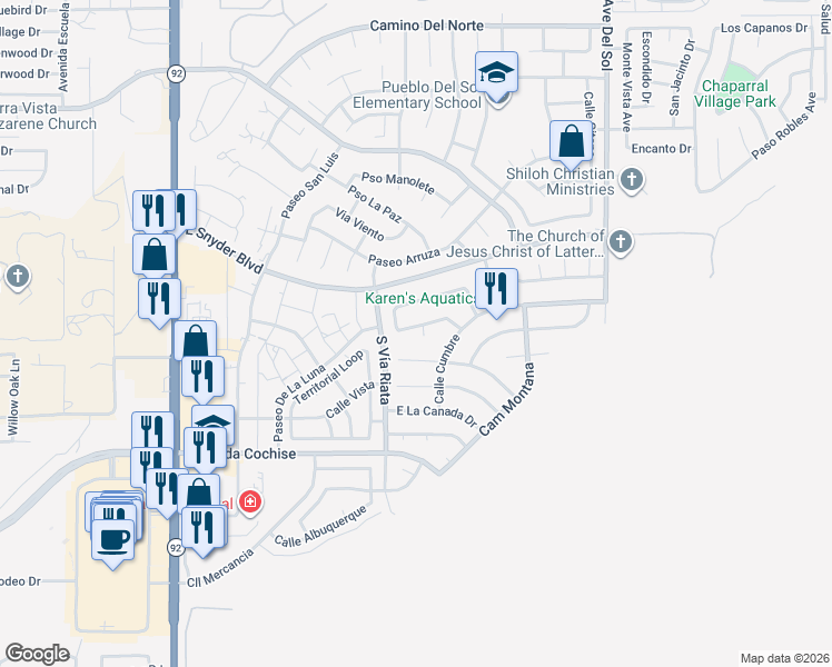 map of restaurants, bars, coffee shops, grocery stores, and more near 4846 Loma Loop in Sierra Vista