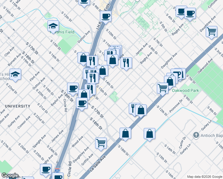 map of restaurants, bars, coffee shops, grocery stores, and more near 1401 Bagby Avenue in Waco