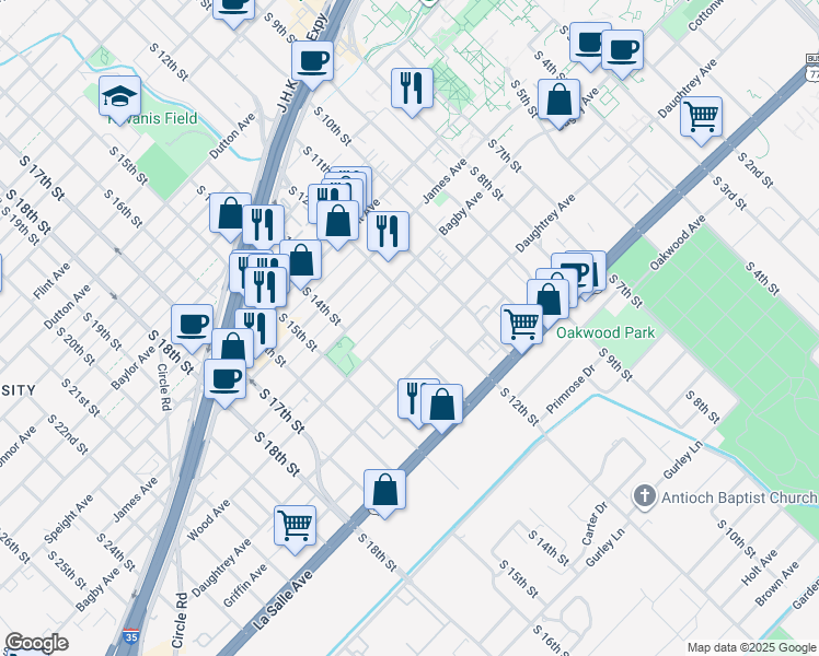 map of restaurants, bars, coffee shops, grocery stores, and more near 1214 Wood Avenue in Waco