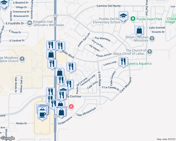 map of restaurants, bars, coffee shops, grocery stores, and more near 1708 Corte Encantada in Sierra Vista