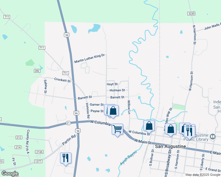 map of restaurants, bars, coffee shops, grocery stores, and more near 904 Hoyt Street in San Augustine