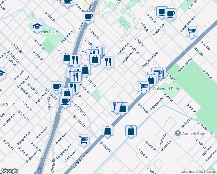 map of restaurants, bars, coffee shops, grocery stores, and more near 1226 Bagby Avenue in Waco