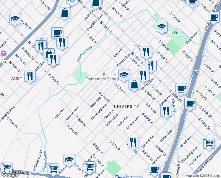 map of restaurants, bars, coffee shops, grocery stores, and more near 2220 Ross Avenue in Waco