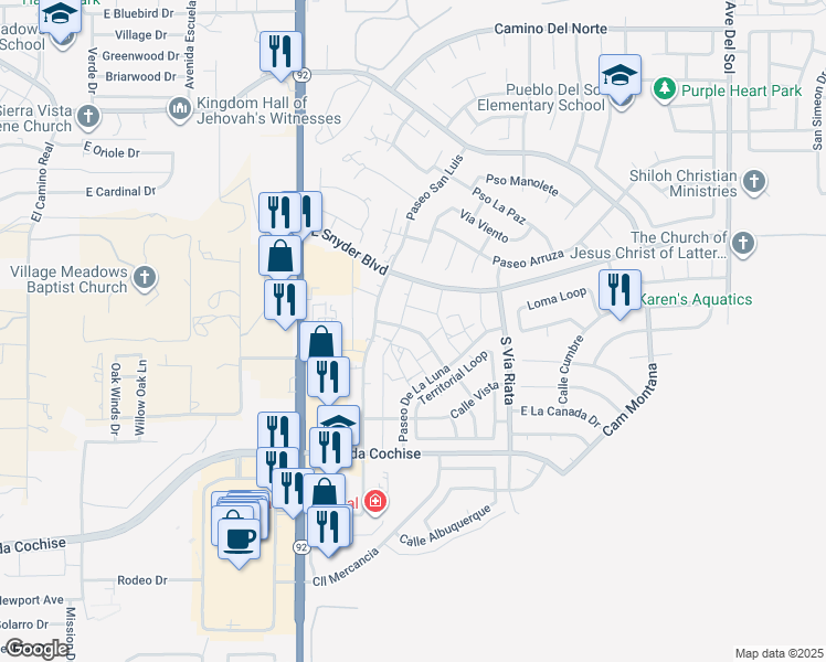 map of restaurants, bars, coffee shops, grocery stores, and more near 4401 Buena Loma Way in Sierra Vista