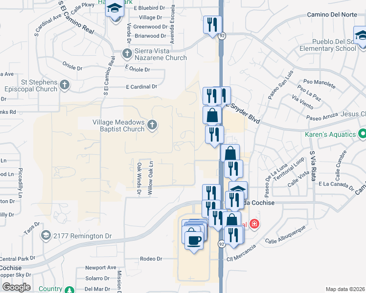 map of restaurants, bars, coffee shops, grocery stores, and more near 1690 South Wardle Road in Sierra Vista