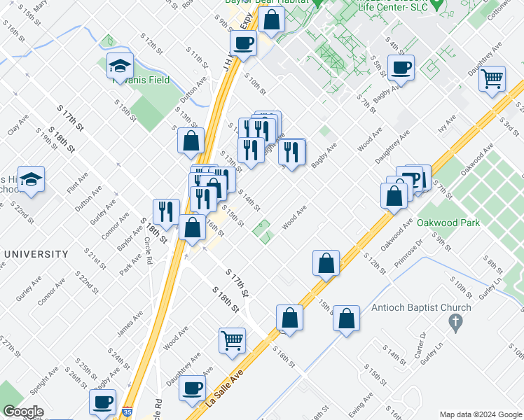 map of restaurants, bars, coffee shops, grocery stores, and more near 1314 James Avenue in Waco