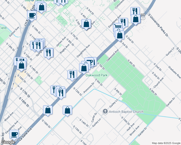 map of restaurants, bars, coffee shops, grocery stores, and more near 2220 South 9th Street in Waco