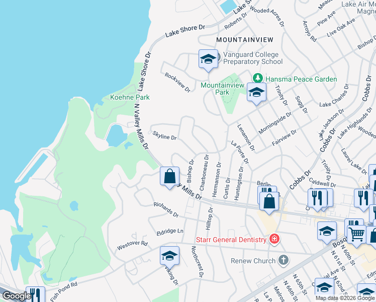 map of restaurants, bars, coffee shops, grocery stores, and more near 2225 Skyline Drive in Waco