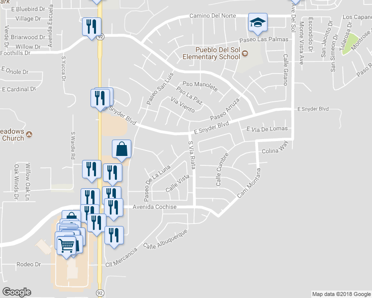 map of restaurants, bars, coffee shops, grocery stores, and more near 1744C Paseo De La Luna in Sierra Vista