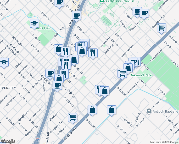 map of restaurants, bars, coffee shops, grocery stores, and more near 1226 Bagby Avenue in Waco
