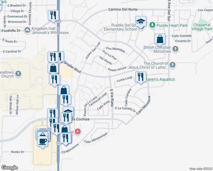 map of restaurants, bars, coffee shops, grocery stores, and more near 1736 South Vía Riata in Sierra Vista