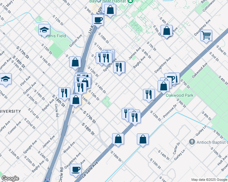 map of restaurants, bars, coffee shops, grocery stores, and more near 1300 Bagby Avenue in Waco