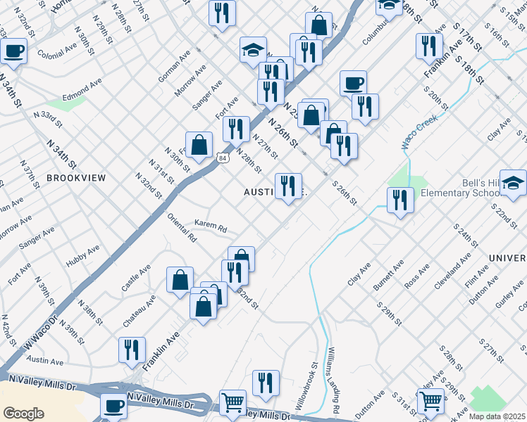 map of restaurants, bars, coffee shops, grocery stores, and more near 2903 Austin Avenue in Waco