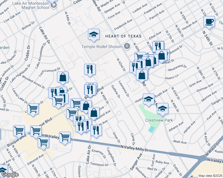 map of restaurants, bars, coffee shops, grocery stores, and more near 1416 Guthrie Drive in Waco