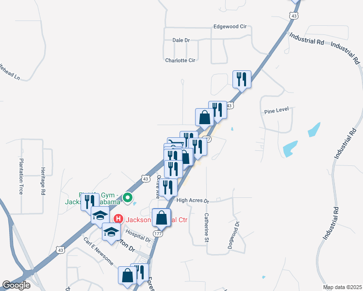 map of restaurants, bars, coffee shops, grocery stores, and more near Alabama 13 in Jackson