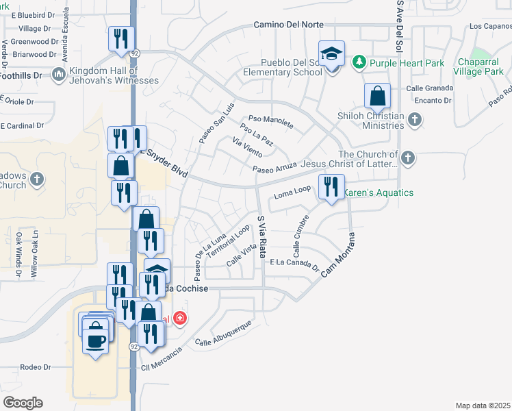 map of restaurants, bars, coffee shops, grocery stores, and more near 1736 South Vía Riata in Sierra Vista