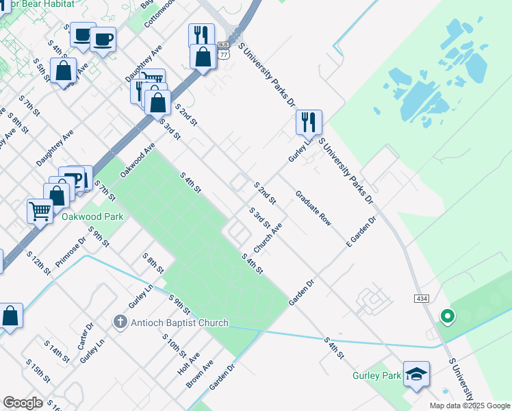 map of restaurants, bars, coffee shops, grocery stores, and more near 218 Gurley Lane in Waco