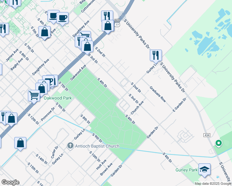 map of restaurants, bars, coffee shops, grocery stores, and more near 2515 Pascal Court in Waco