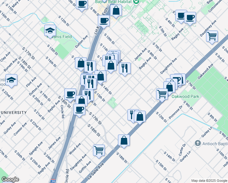 map of restaurants, bars, coffee shops, grocery stores, and more near 1314 James Avenue in Waco