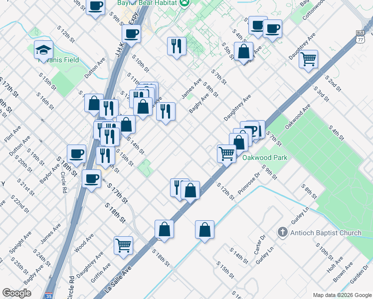 map of restaurants, bars, coffee shops, grocery stores, and more near 1910 South 12th Street in Waco