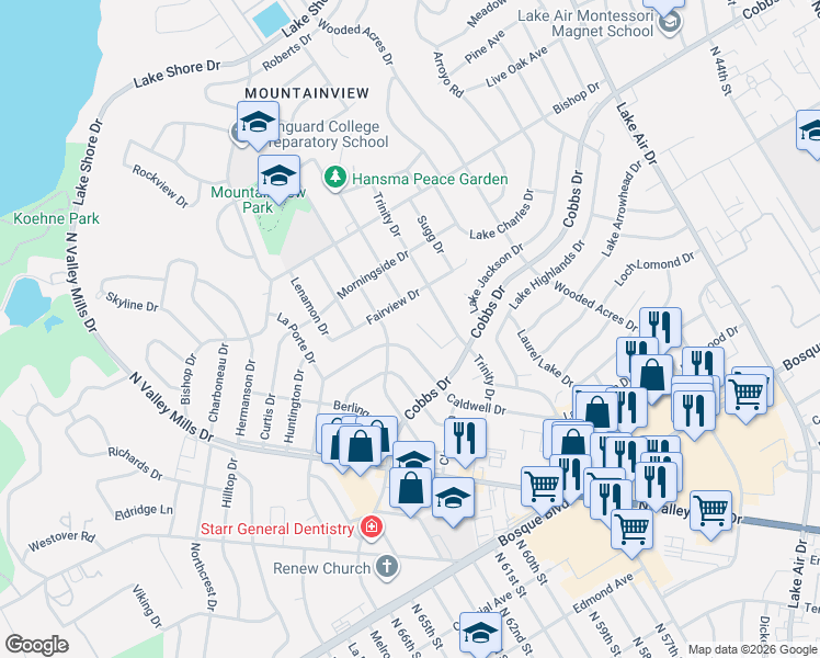 map of restaurants, bars, coffee shops, grocery stores, and more near 5731 Lakemont Drive in Waco