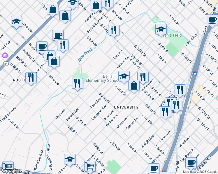 map of restaurants, bars, coffee shops, grocery stores, and more near 2217 Ross Avenue in Waco