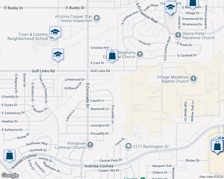 map of restaurants, bars, coffee shops, grocery stores, and more near 2249 East Piccadilly Drive in Sierra Vista
