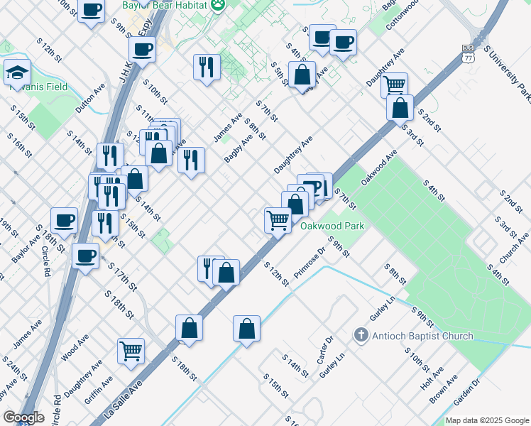 map of restaurants, bars, coffee shops, grocery stores, and more near 2017 South 10th Street in Waco