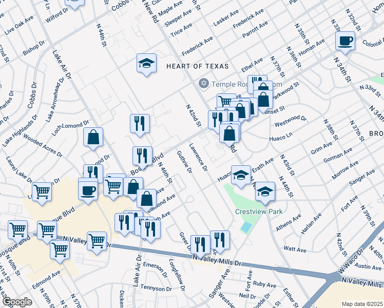 map of restaurants, bars, coffee shops, grocery stores, and more near 1400 Lawrence Dr in Waco