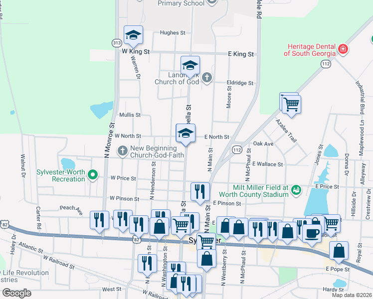 map of restaurants, bars, coffee shops, grocery stores, and more near 806 North Isabella Street in Sylvester