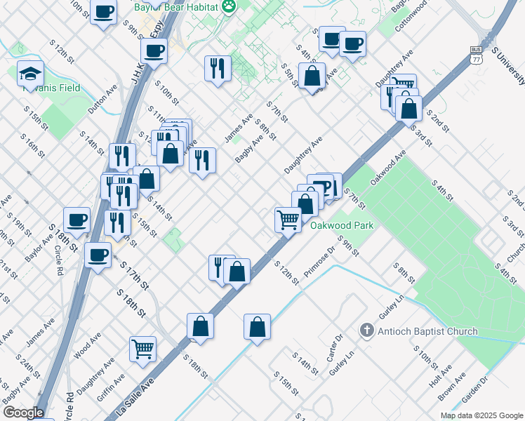 map of restaurants, bars, coffee shops, grocery stores, and more near 2017 South 10th Street in Waco