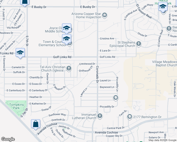 map of restaurants, bars, coffee shops, grocery stores, and more near 33 Driftwood Circle in Sierra Vista
