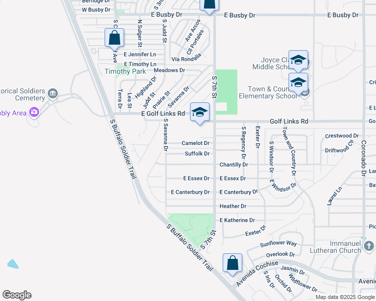 map of restaurants, bars, coffee shops, grocery stores, and more near 565 Suffolk Drive in Sierra Vista