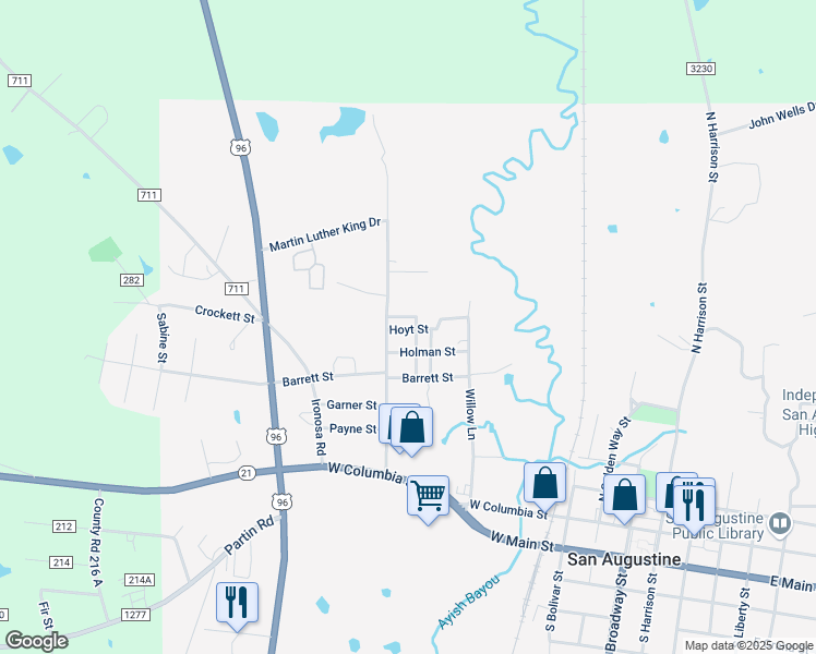 map of restaurants, bars, coffee shops, grocery stores, and more near 904 Hoyt Street in San Augustine