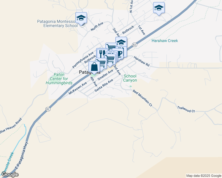 map of restaurants, bars, coffee shops, grocery stores, and more near 370 Waggoner Way in Patagonia