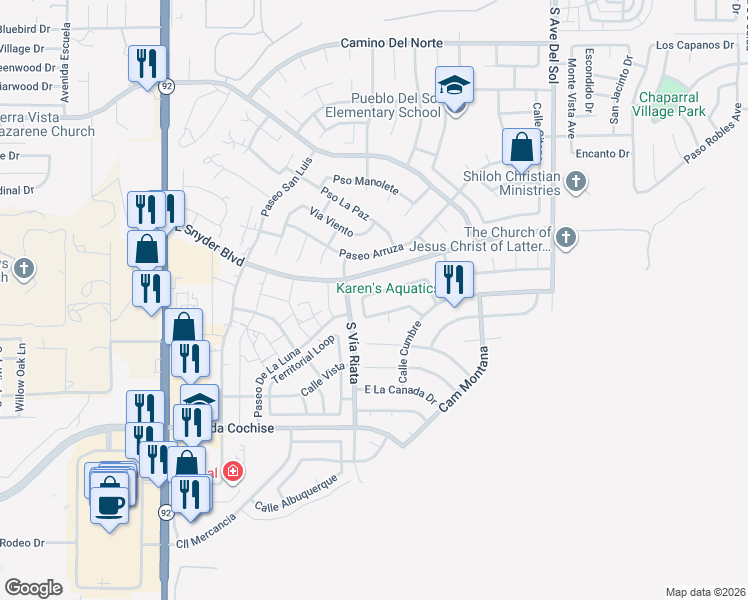 map of restaurants, bars, coffee shops, grocery stores, and more near 4882 Loma Loop in Sierra Vista