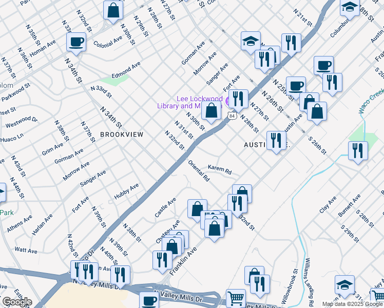 map of restaurants, bars, coffee shops, grocery stores, and more near 3118 West Waco Drive in Waco
