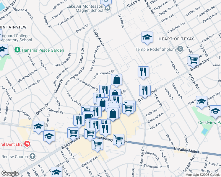 map of restaurants, bars, coffee shops, grocery stores, and more near 5016 Lakeland Circle in Waco