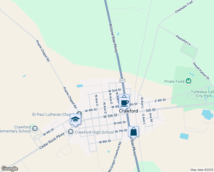 map of restaurants, bars, coffee shops, grocery stores, and more near 420 North Avenue East in Crawford