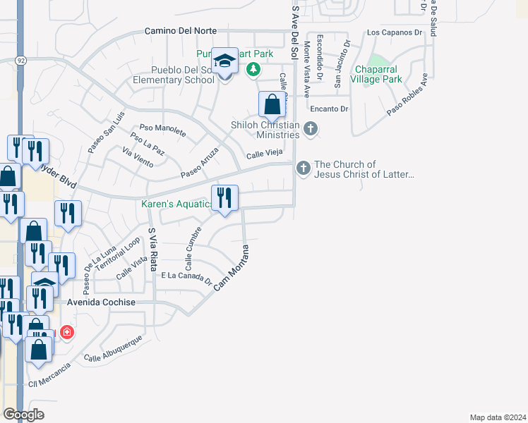 map of restaurants, bars, coffee shops, grocery stores, and more near 5114 Calle Cumbre in Sierra Vista