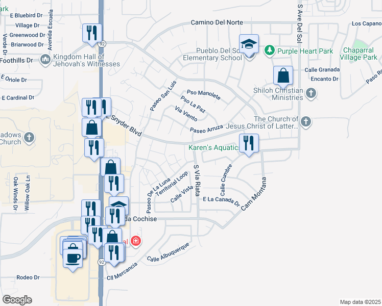 map of restaurants, bars, coffee shops, grocery stores, and more near 1736 South Vía Riata in Sierra Vista