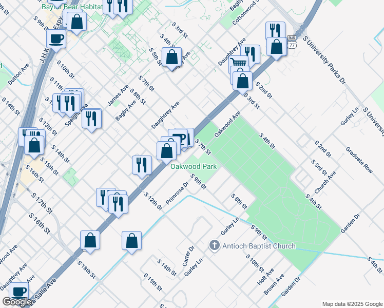 map of restaurants, bars, coffee shops, grocery stores, and more near 712 Oakwood Avenue in Waco
