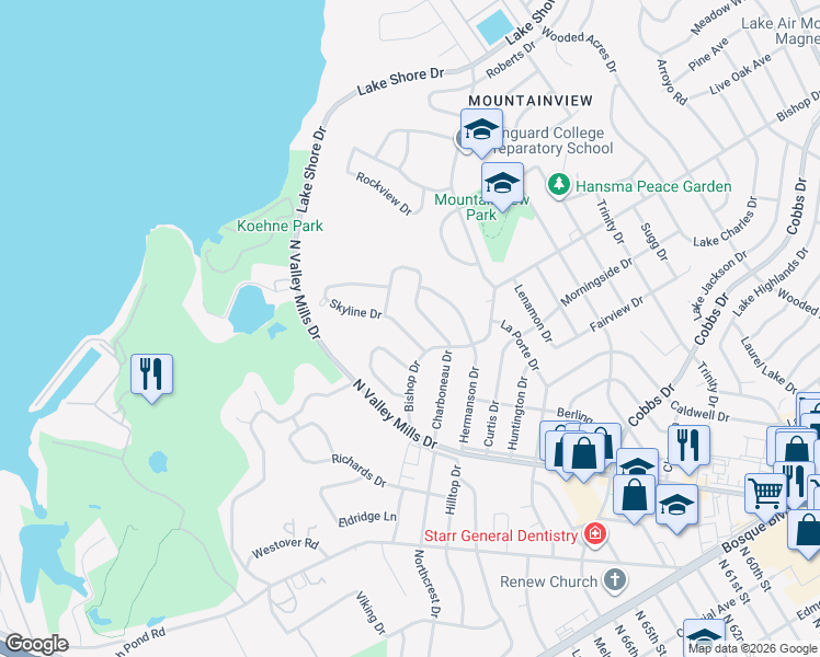 map of restaurants, bars, coffee shops, grocery stores, and more near 2225 Skyline Drive in Waco