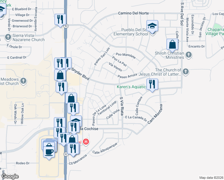 map of restaurants, bars, coffee shops, grocery stores, and more near 1736 South Vía Riata in Sierra Vista