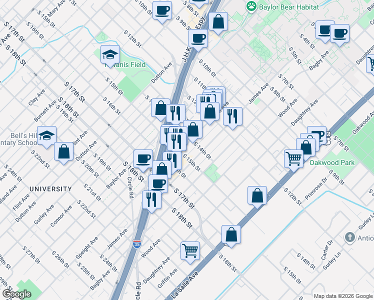 map of restaurants, bars, coffee shops, grocery stores, and more near 1400 Speight Avenue in Waco