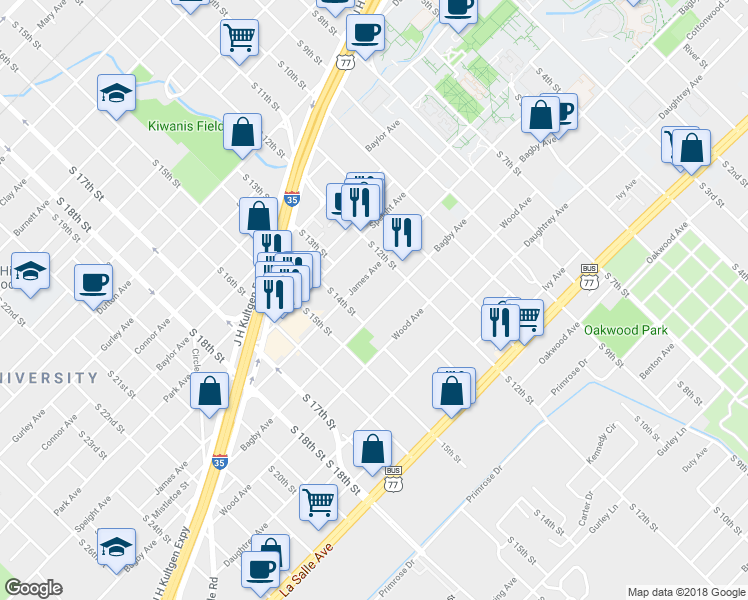 map of restaurants, bars, coffee shops, grocery stores, and more near 1305 Bagby Avenue in Waco
