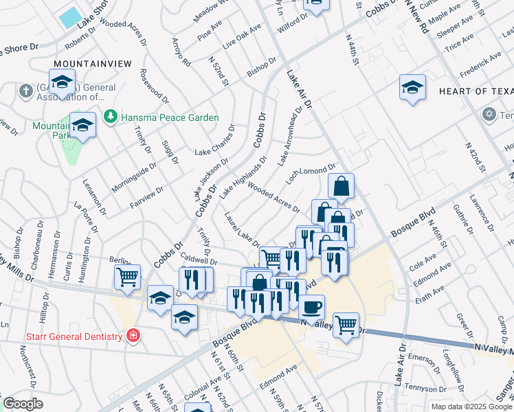 map of restaurants, bars, coffee shops, grocery stores, and more near 5319 Lake Crest Drive in Waco