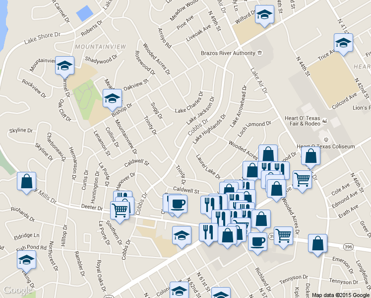 map of restaurants, bars, coffee shops, grocery stores, and more near 5517 Lake Highlands Drive in Waco